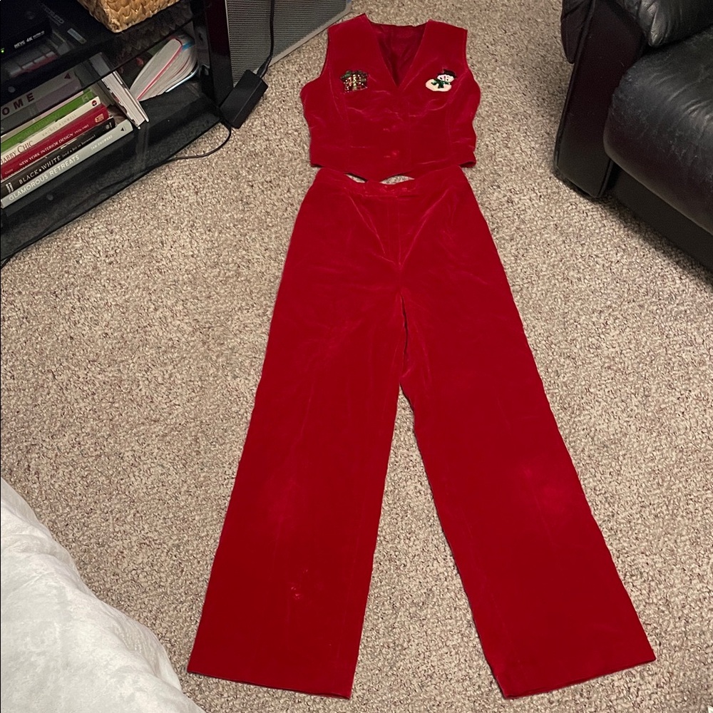 Vintage 70s velvet wide leg high rise pant and sequin Xmas vest set